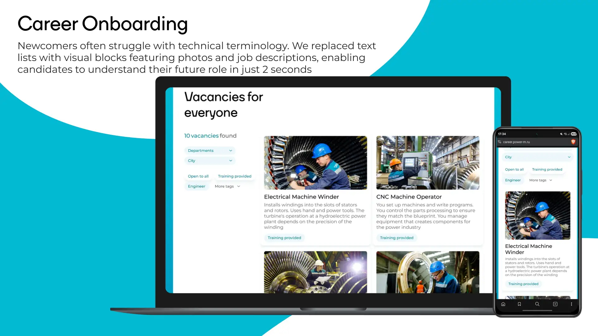 Entry-level vacancy cards with photos and plain descriptions