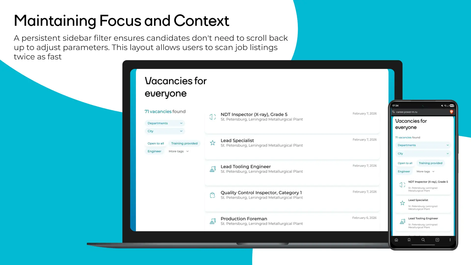 Vacancies page: persistent filter and list view